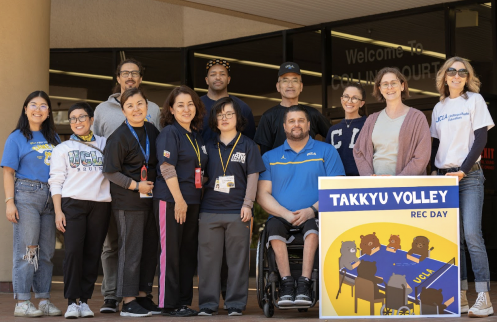 UCLA faculty and community members gather in front of JWC after a successful Takkyu Volley Rec Day. From left to right: Charlotte Vo, Pia Palomo, Fred Ariel Hernandez, Yuri Matsuo, Miwa Hasegawa, Yu Hasegawa, Hiro Hasegawa, Michael Garafola, Caitlin Solone, Brooke Wilkinson, Leigh Harris.